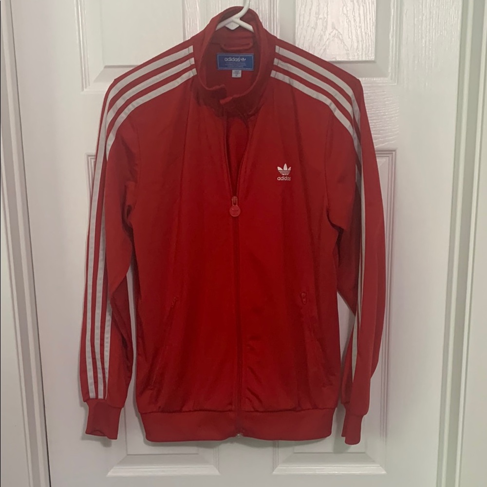 Adidas Red Windbreaker with Iconic Stripes